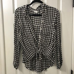 Checker print button down shirt with ends tied